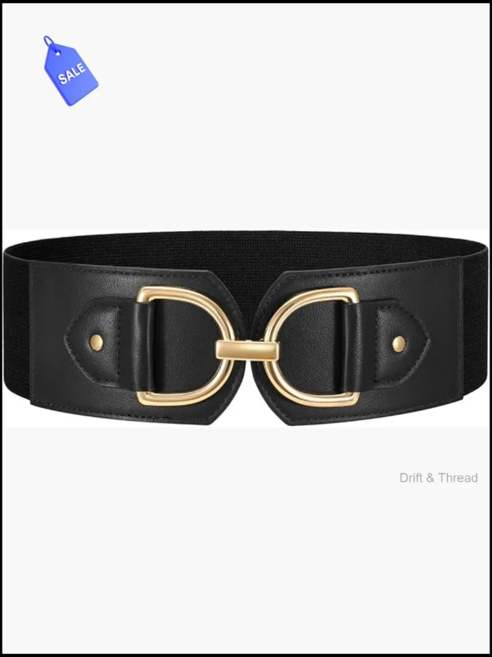 Wide Elastic Belt with Large Gold Buckle Faux Leather Stretchy Thick Dress Belt